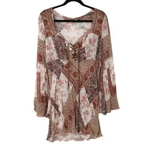Vintage Faded Glory Pink Floral Lace Up Blouse Tunic L Boho Western Festival y2k